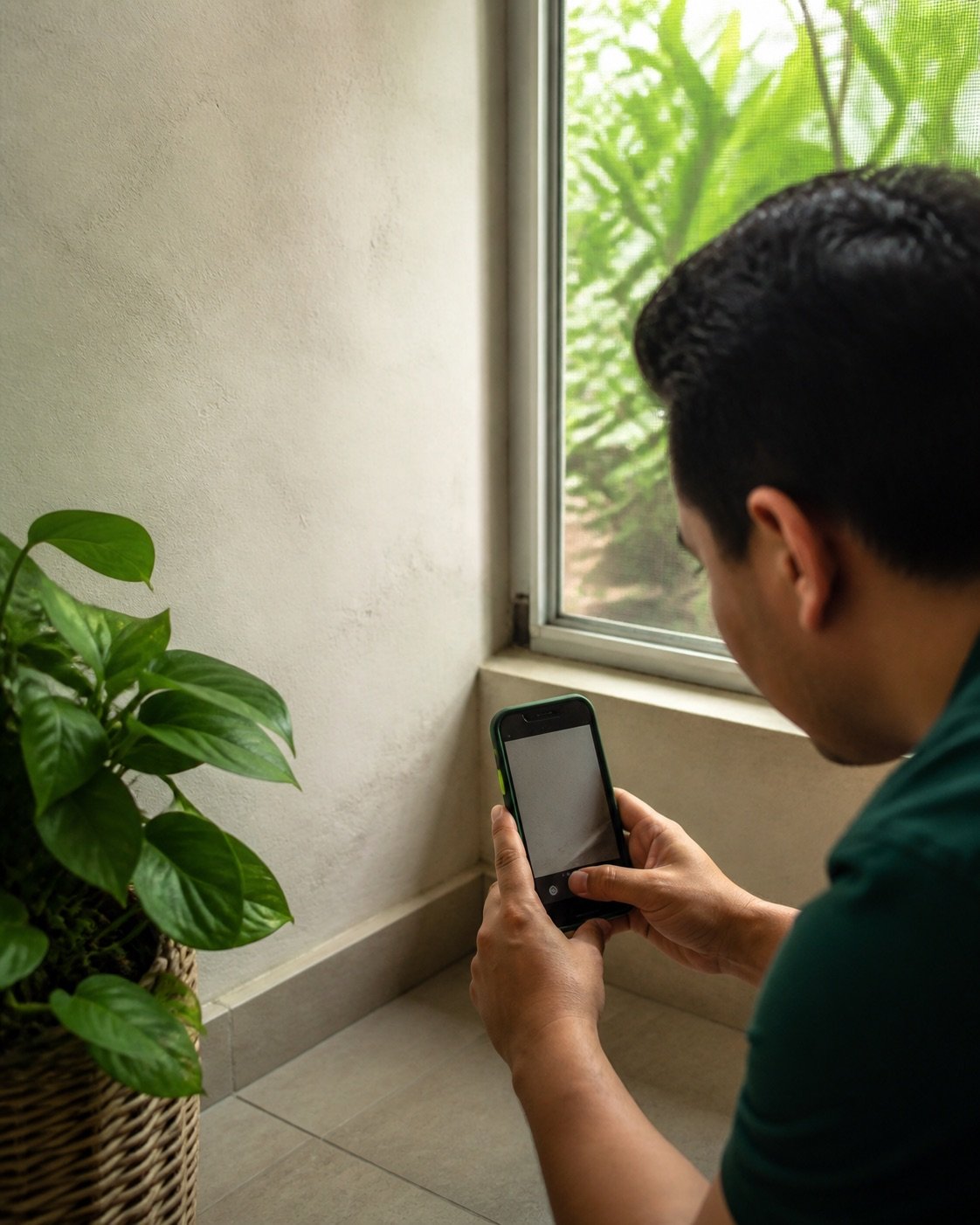Persona tomando una fotografía de una señal cerca de una ventana